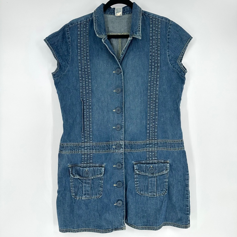 Y2K Old Navy Blue Denim Button Up Jean Mini Dress‎ Pintuck VTG Women's XL 18
